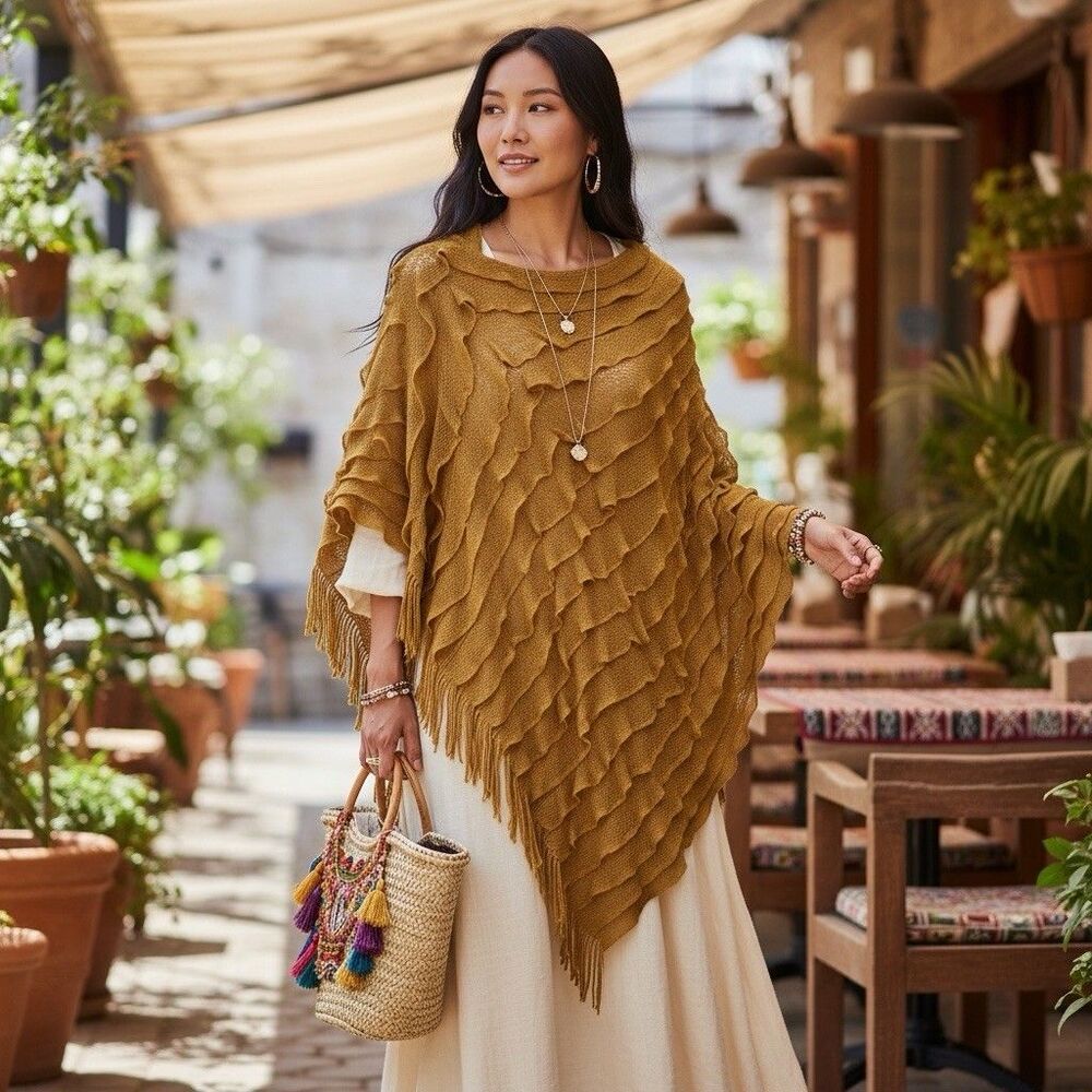 Camel Ruffle Knit Festival Poncho Fringe Boho Wrap Petite One Size Cape